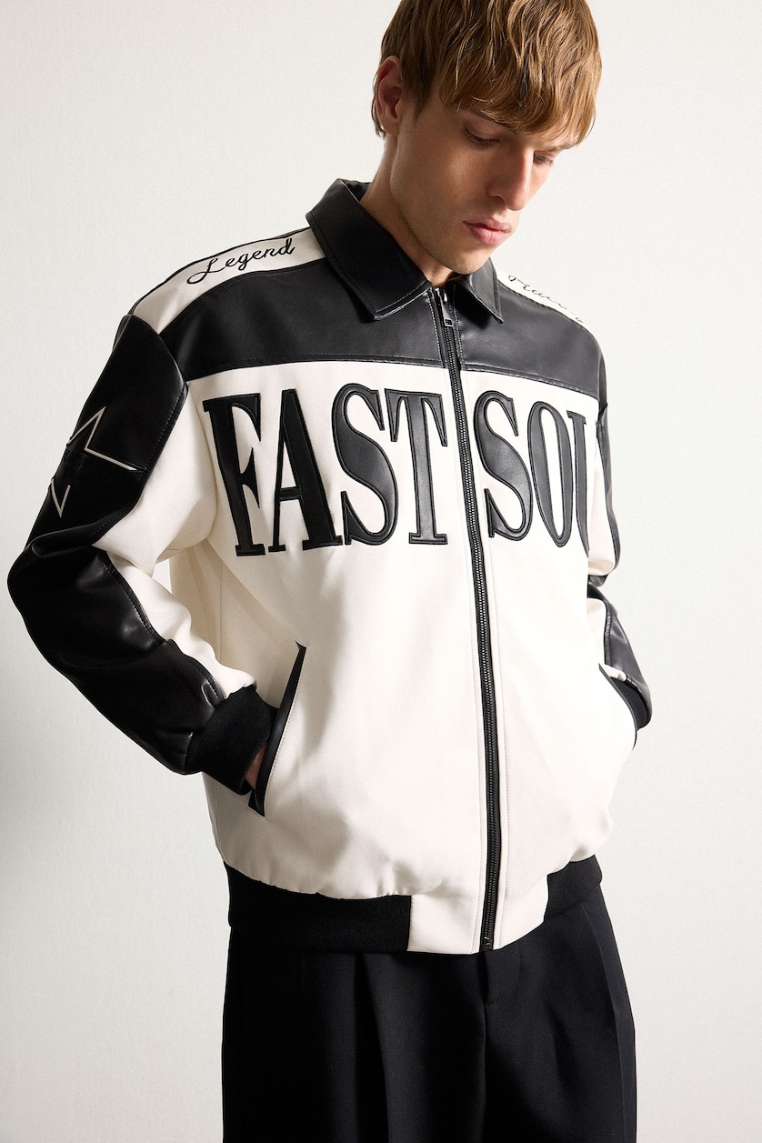 Men Black Oversize Zip-Up Faux Leather Jacket