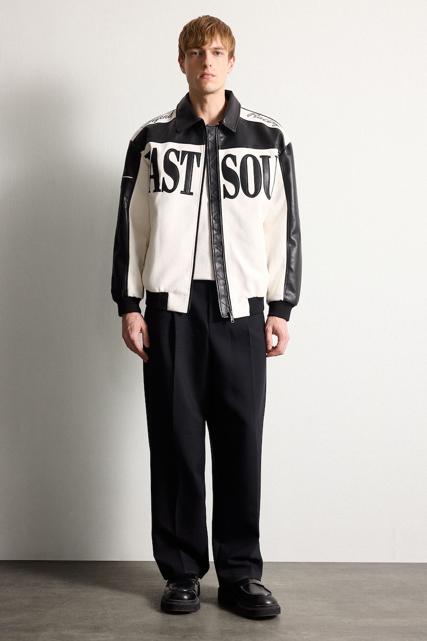 Men Black Oversize Zip-Up Faux Leather Jacket
