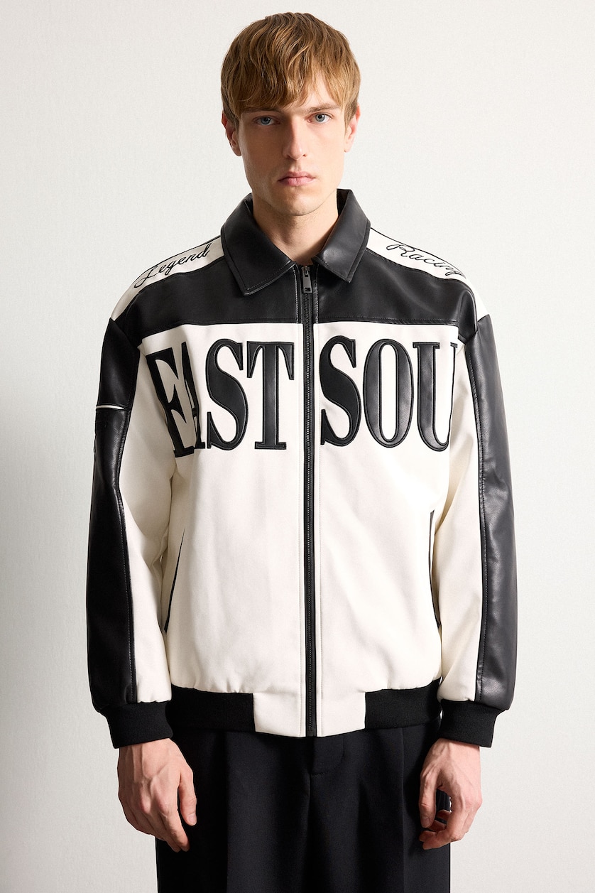 Men Black Oversize Zip-Up Faux Leather Jacket