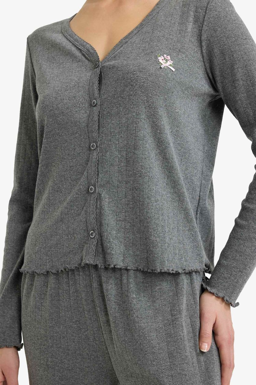 FEMME Anthracite Ensemble pyjama boutonné haut à manches longues et Pantalon