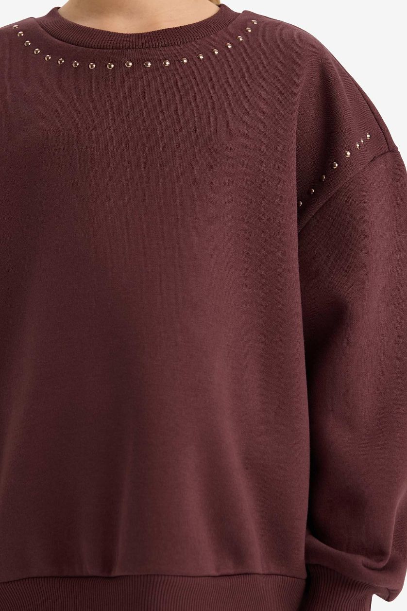 Kız Çocuk - Genç Kız Kahve Overshirt Fit Taşlı İçi Yumuşak Tüylü Sweatshirt Kız Çocuk