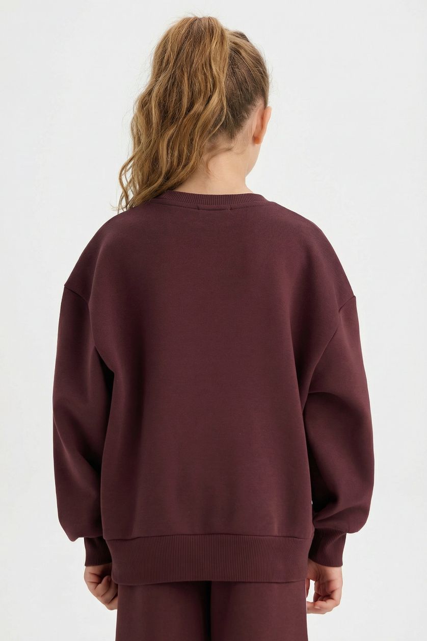 Kız Çocuk - Genç Kız Kahve Overshirt Fit Taşlı İçi Yumuşak Tüylü Sweatshirt Kız Çocuk