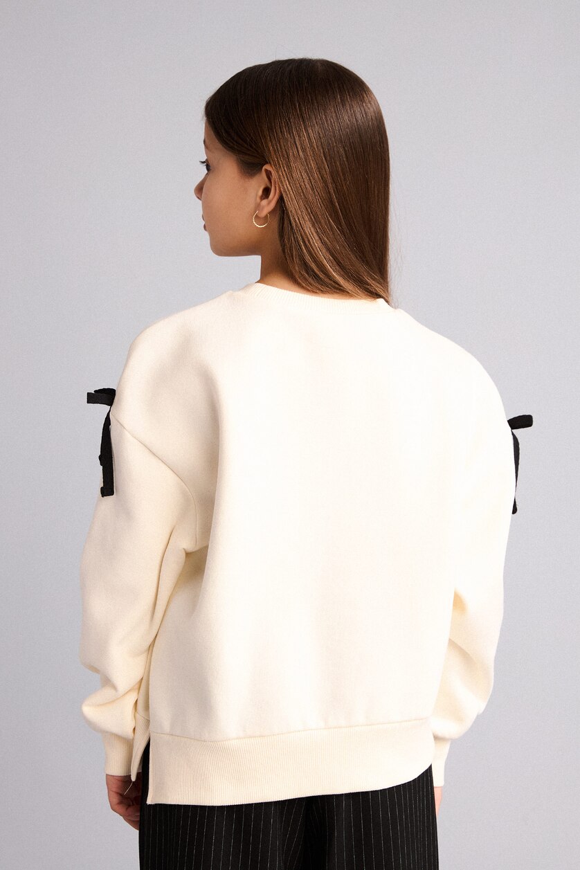 Kız Çocuk - Genç Kız Ekru Oversize Geniş Kalıp Baskılı İçi Yumuşak Tüylü Sweatshirt Kız Çocuk