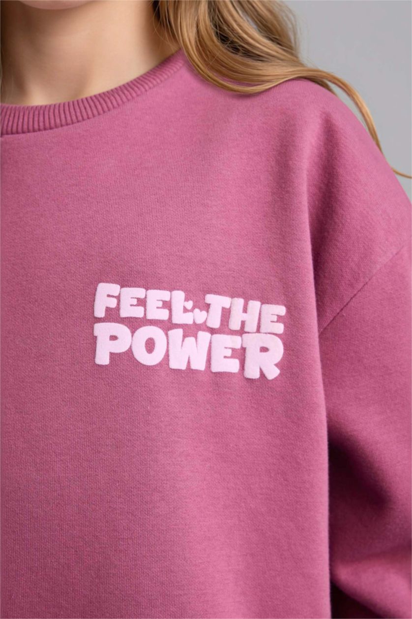 Kız Çocuk - Genç Kız Mor Oversize Geniş Kalıp Baskılı İçi Yumuşak Tüylü Sweatshirt Kız Çocuk