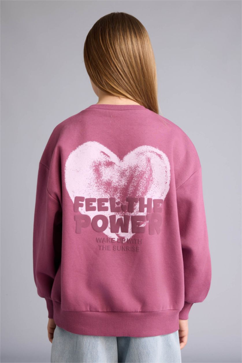 Kız Çocuk - Genç Kız Mor Oversize Geniş Kalıp Baskılı İçi Yumuşak Tüylü Sweatshirt Kız Çocuk