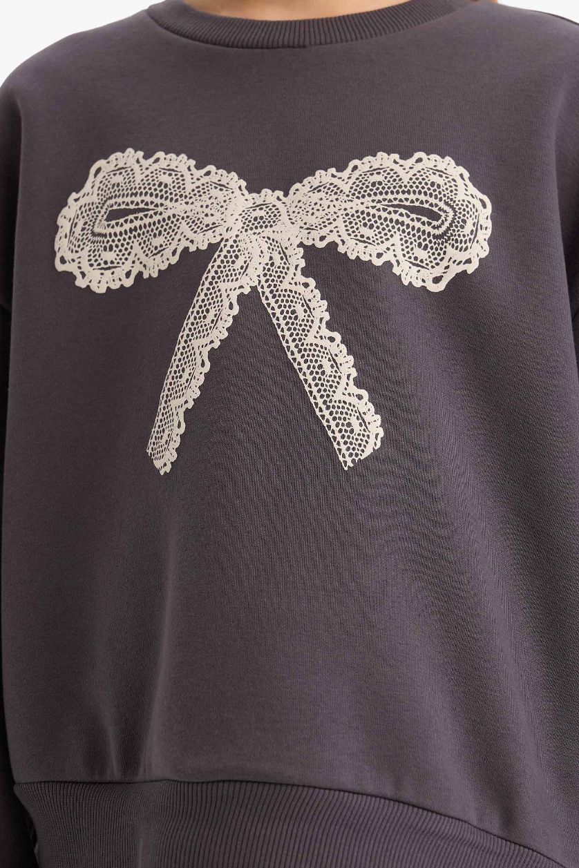 Kız Çocuk - Genç Kız Antrasit Overshirt Fit Baskılı İçi Yumuşak Tüylü Sweatshirt Kız Çocuk