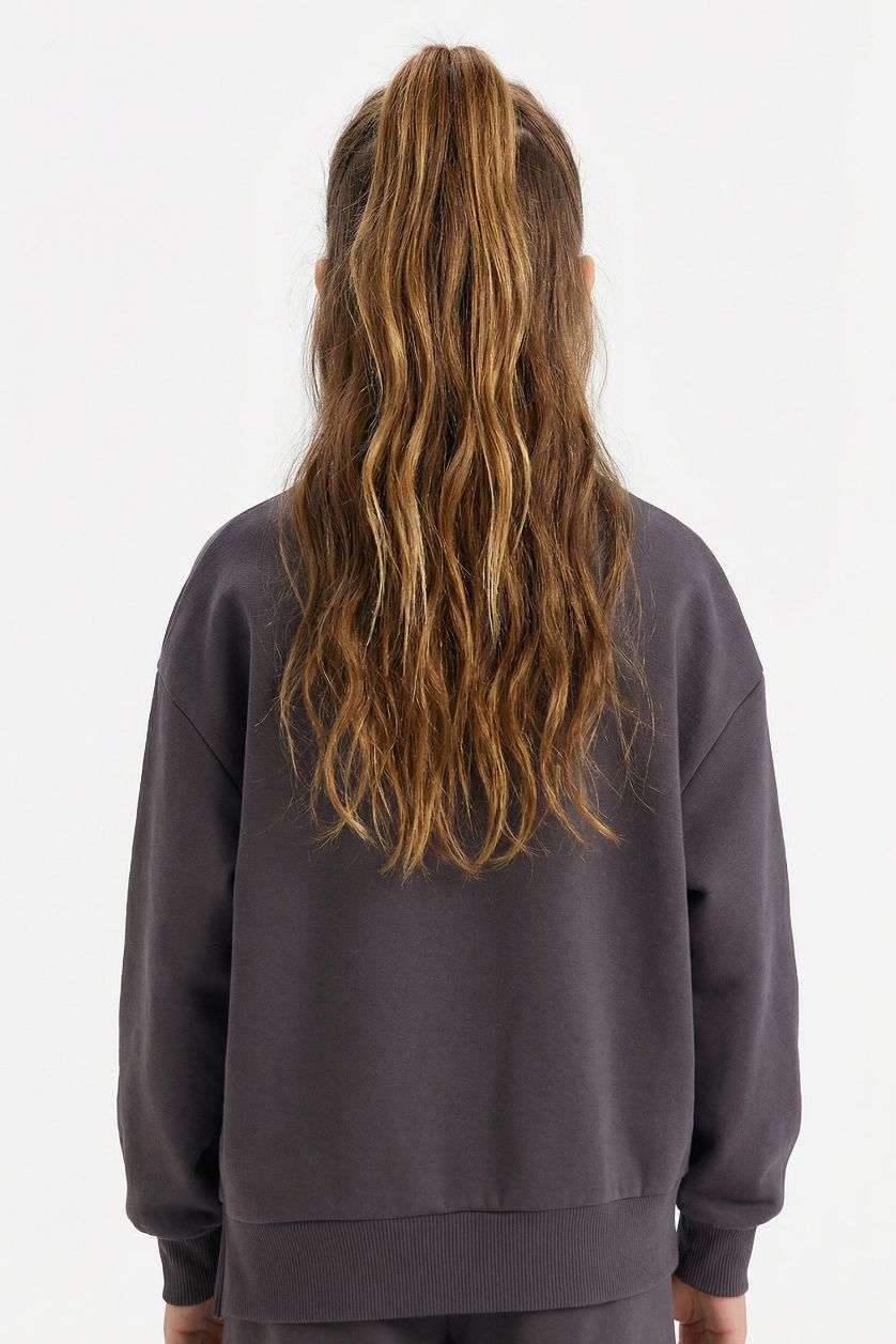 Kız Çocuk - Genç Kız Antrasit Overshirt Fit Baskılı İçi Yumuşak Tüylü Sweatshirt Kız Çocuk