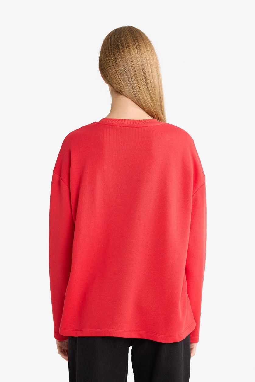 Kadın Kırmızı Oversize Geniş Kalıp Bisiklet Yaka Atatürk Baskılı Kalın Uzun Kollu Tişört