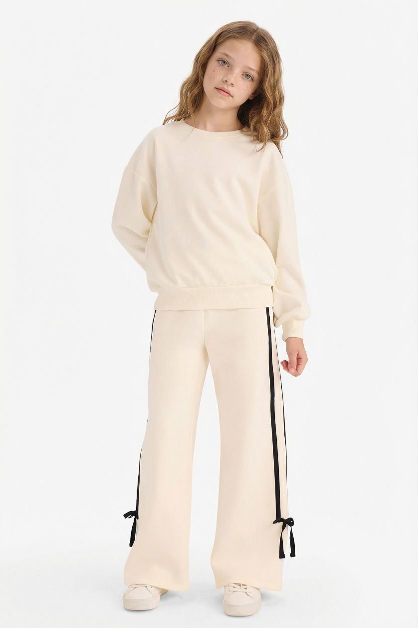 Kız Çocuk - Genç Kız Ekru Wide Leg Geniş Bol Paça Eşofman Altı Kız Çocuk