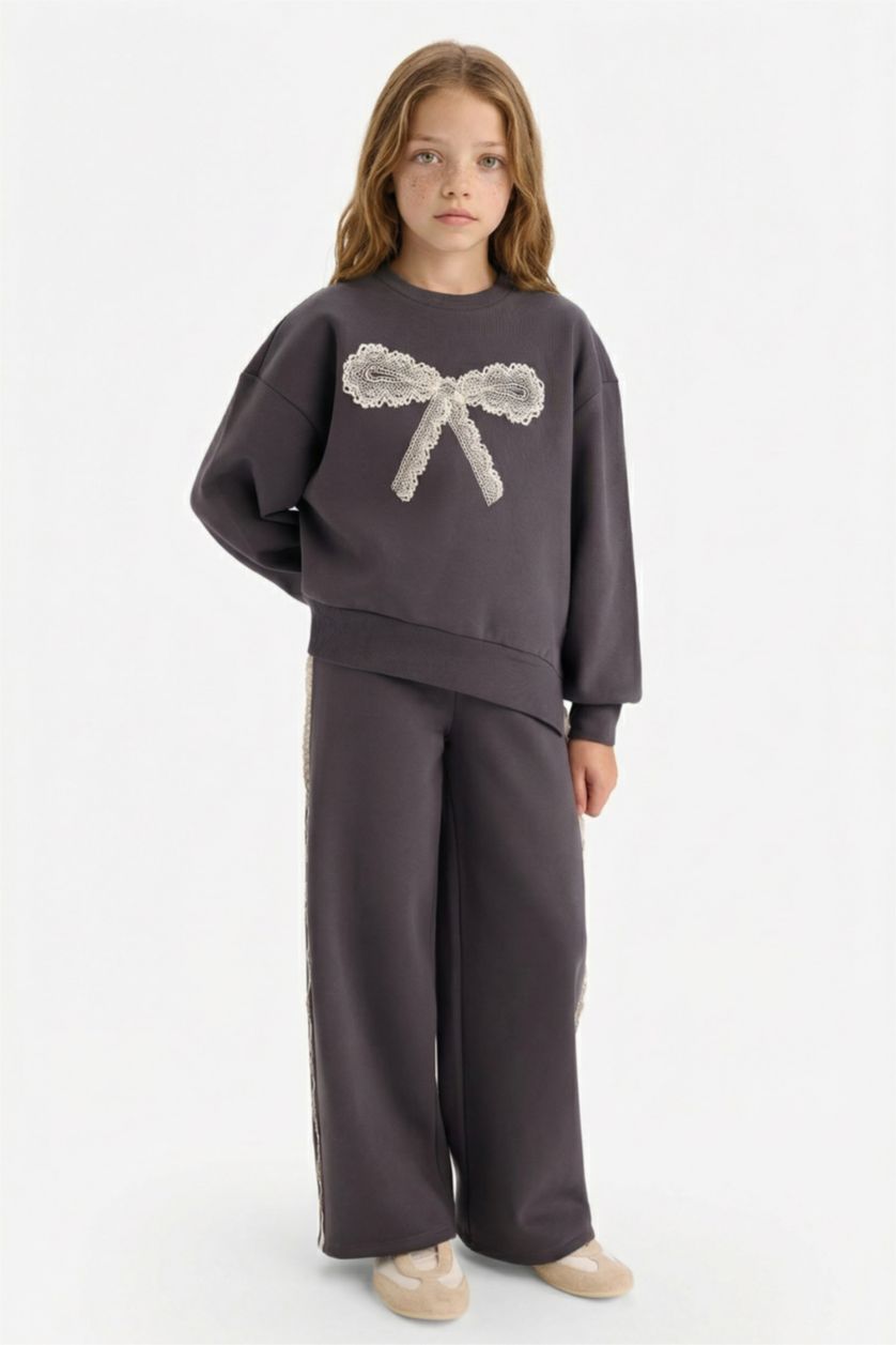 Girls & Teens Anthracite Girl Wide Leg Thick Fabric Sweatpants