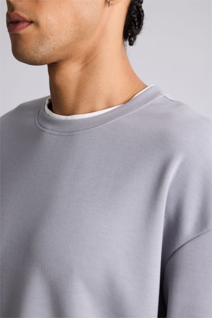 Erkek Gri Boxy Fıt Skuba Dalgıç Kumaş Sweatshirt