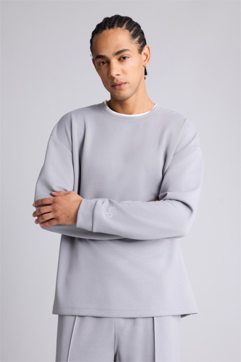 Erkek Gri Boxy Fıt Skuba Dalgıç Kumaş Sweatshirt