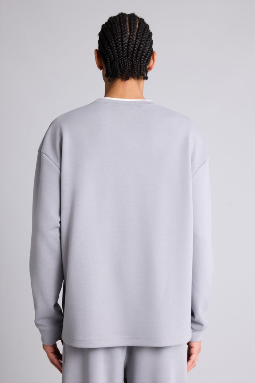 Erkek Gri Boxy Fıt Skuba Dalgıç Kumaş Sweatshirt