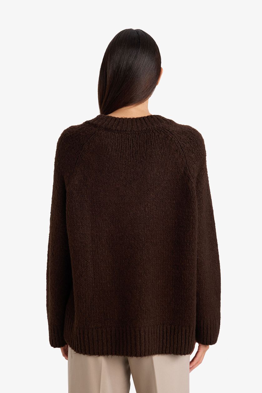 Kadın Kahve Oversıze V Yaka Triko Kazak