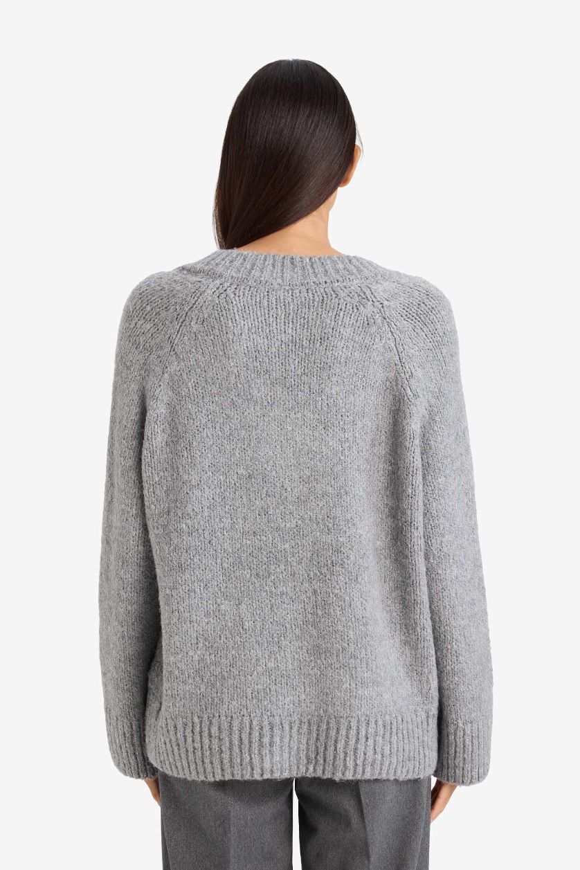 Kadın Gri Melanj Oversıze V Yaka Triko Kazak