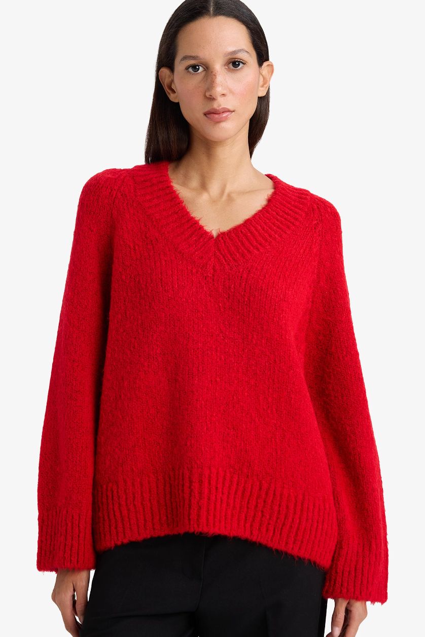 WOMAN Red Oversized V-Neck Knit Sweater