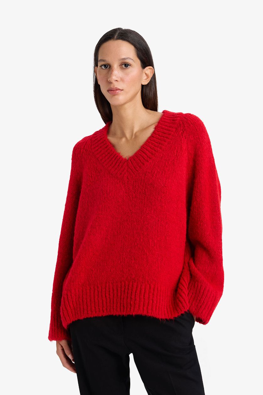 WOMAN Red Oversized V-Neck Knit Sweater