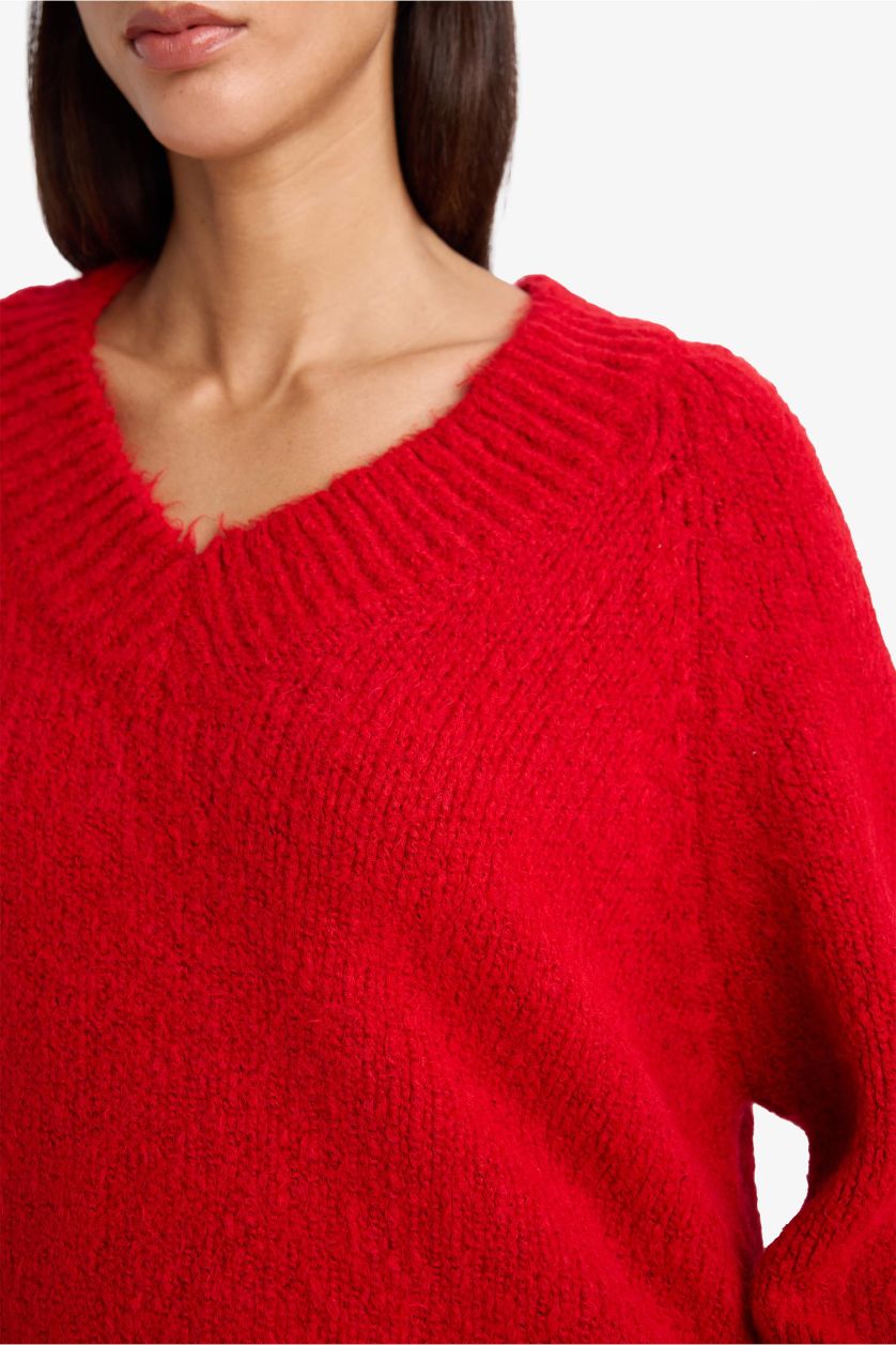 WOMAN Red Oversized V-Neck Knit Sweater