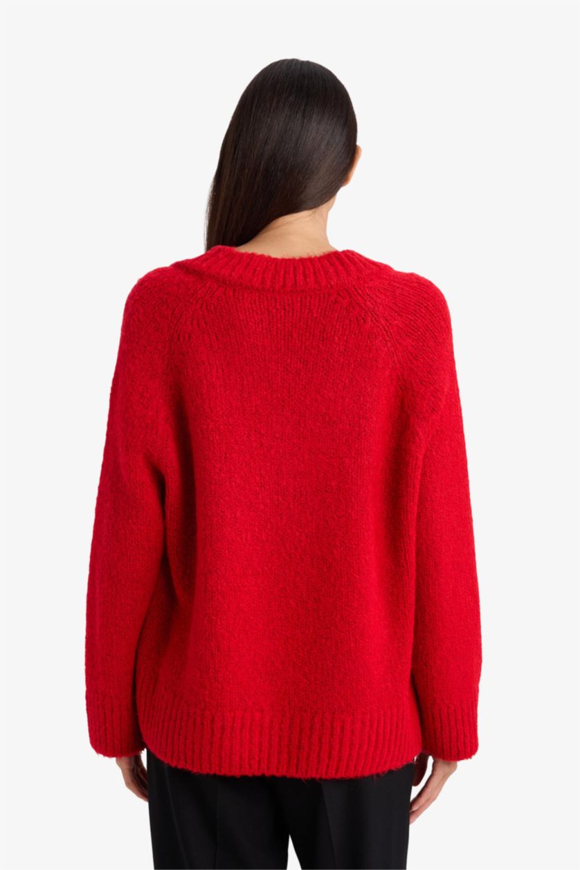 WOMAN Red Oversized V-Neck Knit Sweater