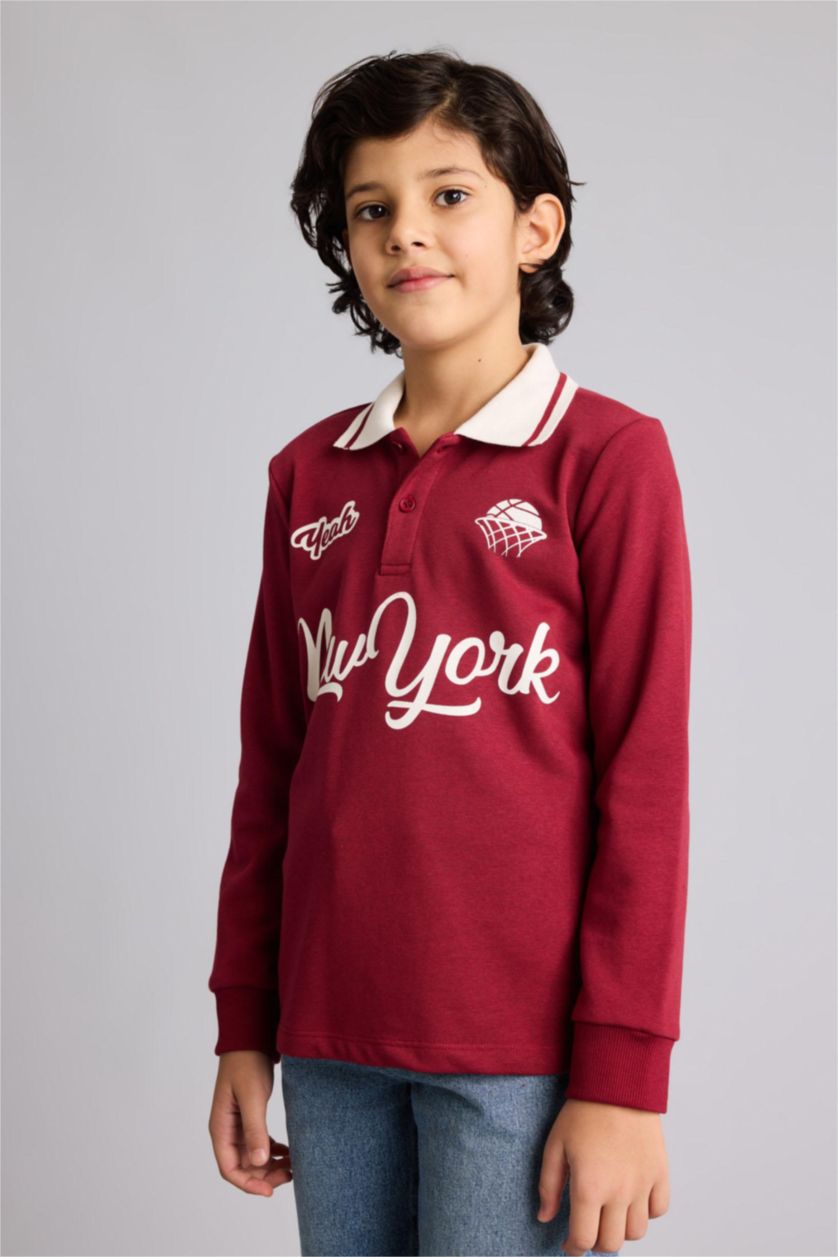 Boys & Teens Bordeaux Boy Regular Fit Printed Long Sleeve Polo T-Shirt