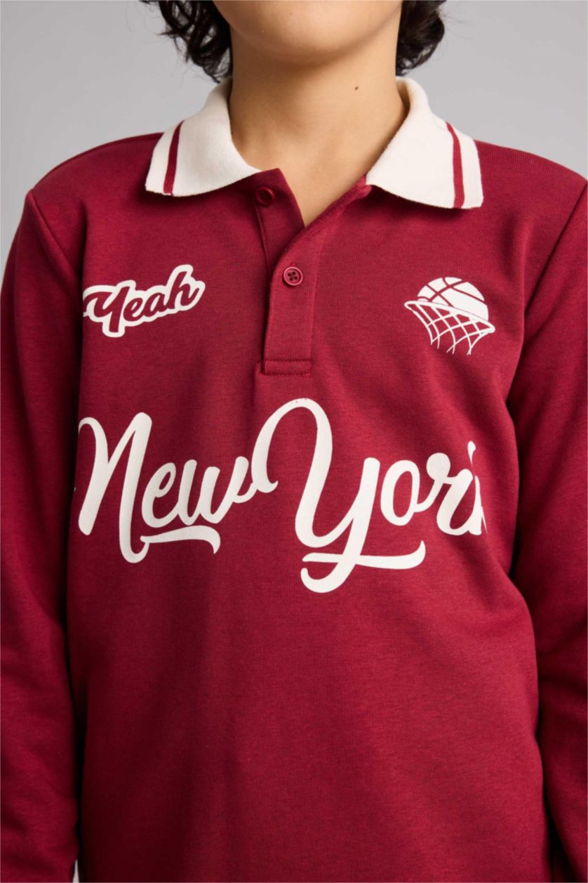 Boys & Teens Bordeaux Boy Regular Fit Printed Long Sleeve Polo T-Shirt