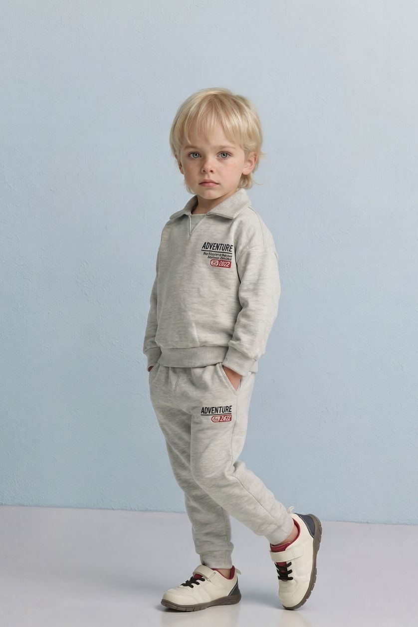 BABY BOY Grey Melange Baby Boy Slogan Print Sweatshirt Fabric 2 Piece Set