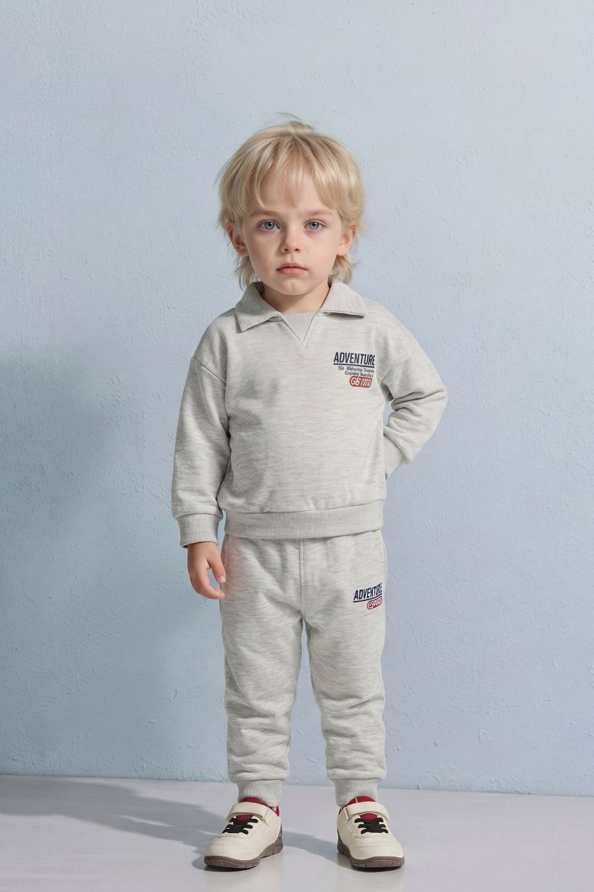 BABY BOY Grey Melange Baby Boy Slogan Print Sweatshirt Fabric 2 Piece Set