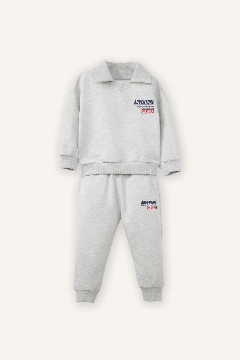 BABY BOY Grey Melange Baby Boy Slogan Print Sweatshirt Fabric 2 Piece Set