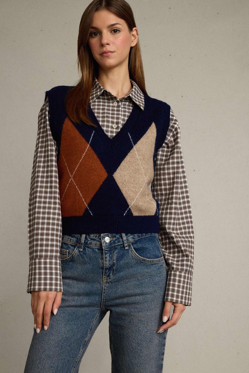 Kadın Lacivert Slim Fit Dar Kesim V Yaka Baklava Desenli Süveter