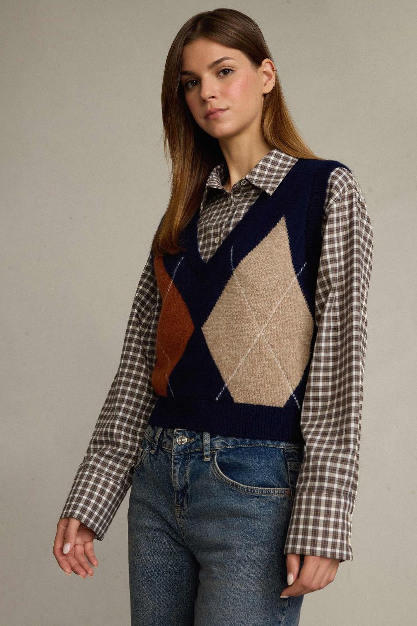 Kadın Lacivert Slim Fit Dar Kesim V Yaka Baklava Desenli Süveter