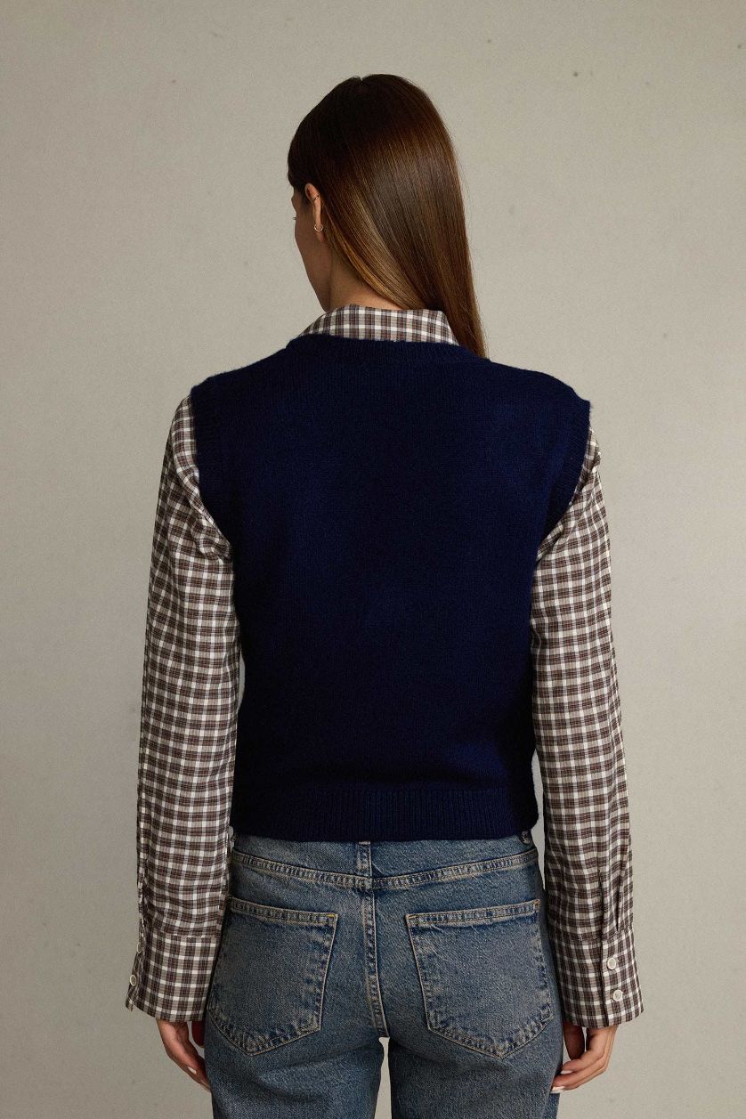 Kadın Lacivert Slim Fit Dar Kesim V Yaka Baklava Desenli Süveter