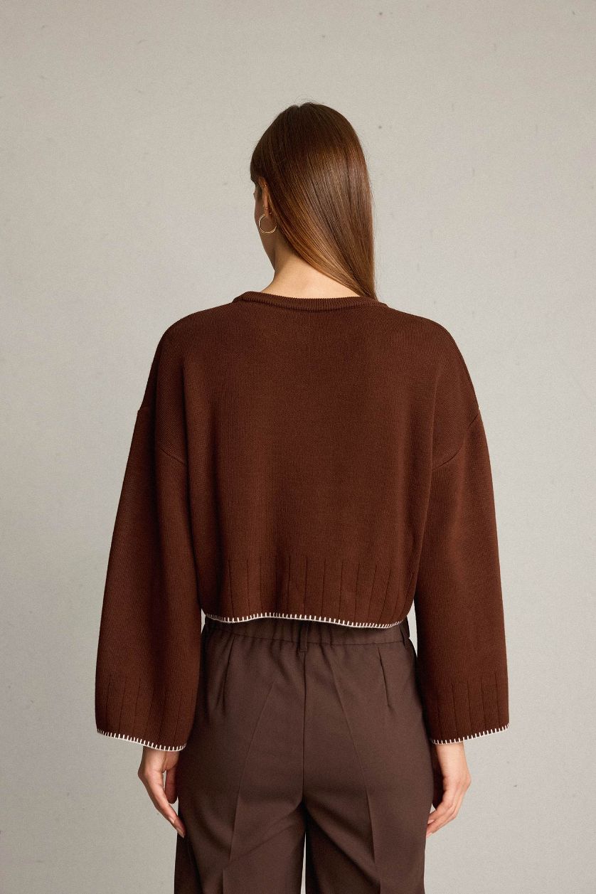 Kadın Kahve Crop Bisiklet Yaka Nakışlı Triko Kazak