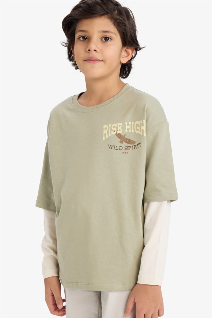 Erkek Çocuk - Genç Erkek Yeşil Oversize Geniş Kalıp Bisiklet Yaka Baskılı Uzun Kollu Tişört Erkek Çocuk