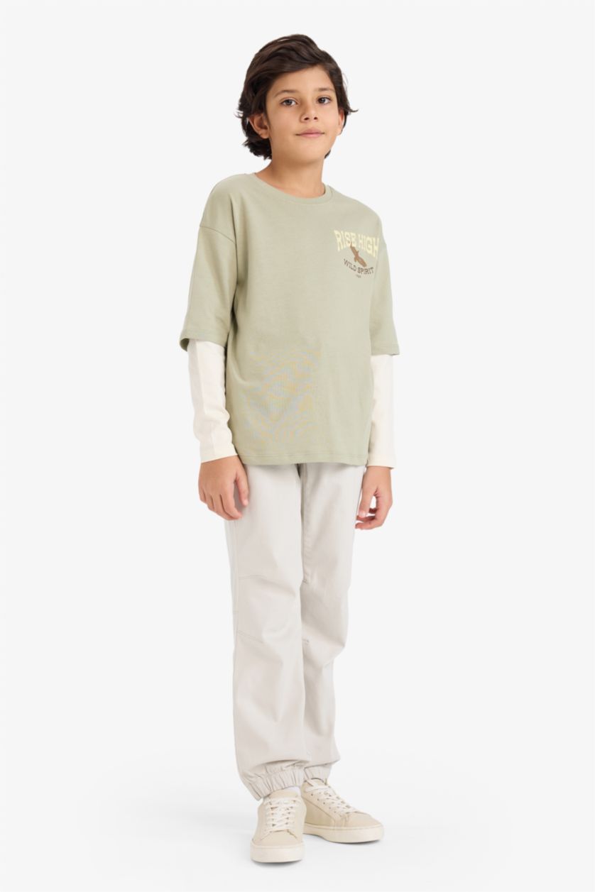 Erkek Çocuk - Genç Erkek Yeşil Oversize Geniş Kalıp Bisiklet Yaka Baskılı Uzun Kollu Tişört Erkek Çocuk