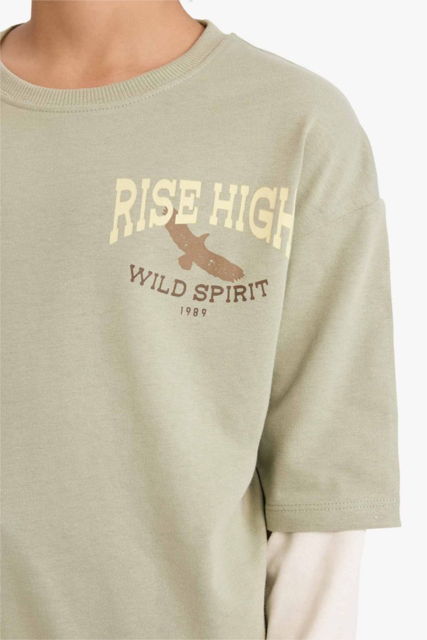 Erkek Çocuk - Genç Erkek Yeşil Oversize Geniş Kalıp Bisiklet Yaka Baskılı Uzun Kollu Tişört Erkek Çocuk