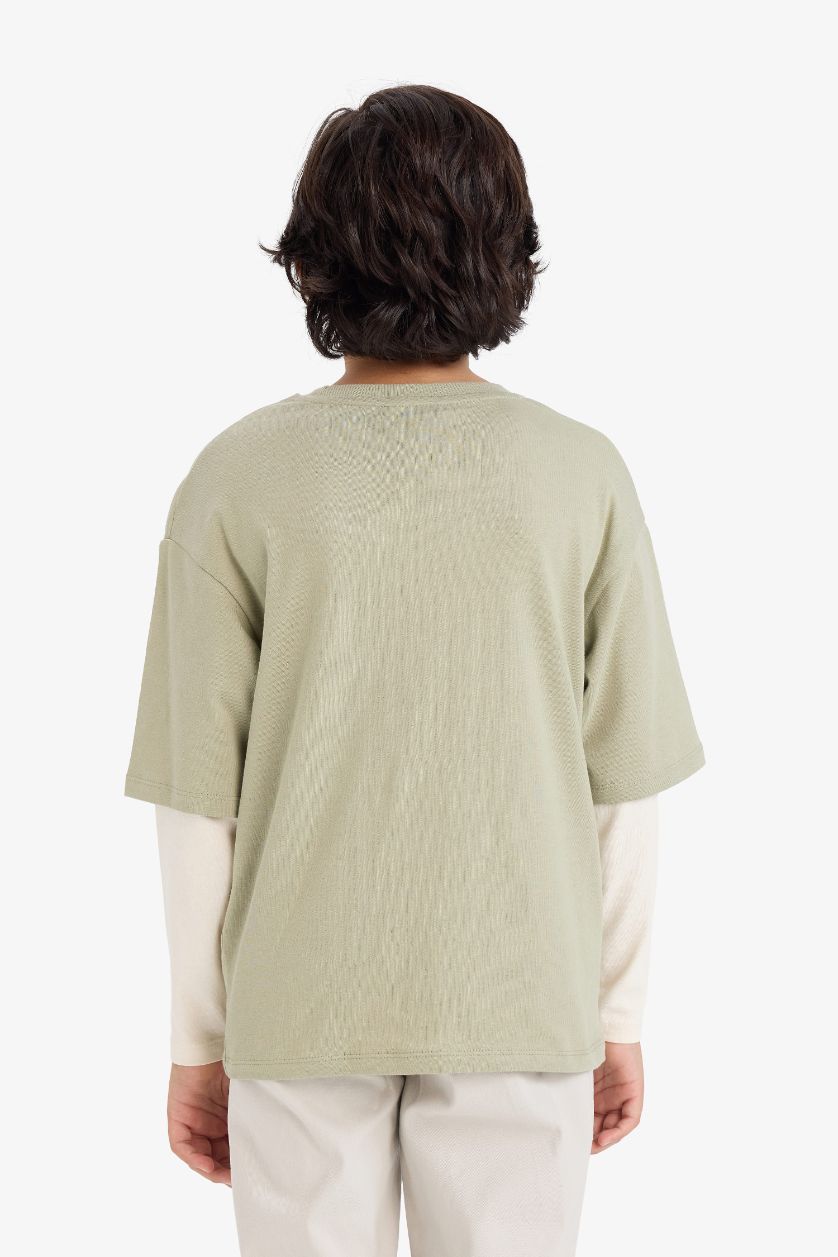 Erkek Çocuk - Genç Erkek Yeşil Oversize Geniş Kalıp Bisiklet Yaka Baskılı Uzun Kollu Tişört Erkek Çocuk