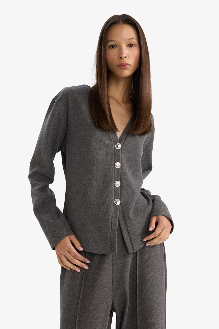 Woman Anthracite Melange Regular Fit V-Neck Cardigan