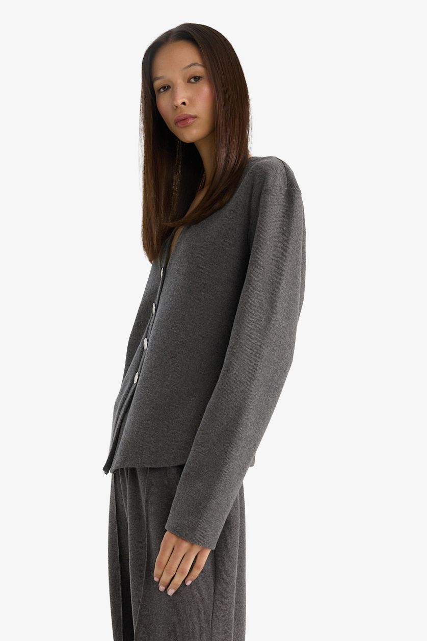 Woman Anthracite Melange Regular Fit V-Neck Cardigan