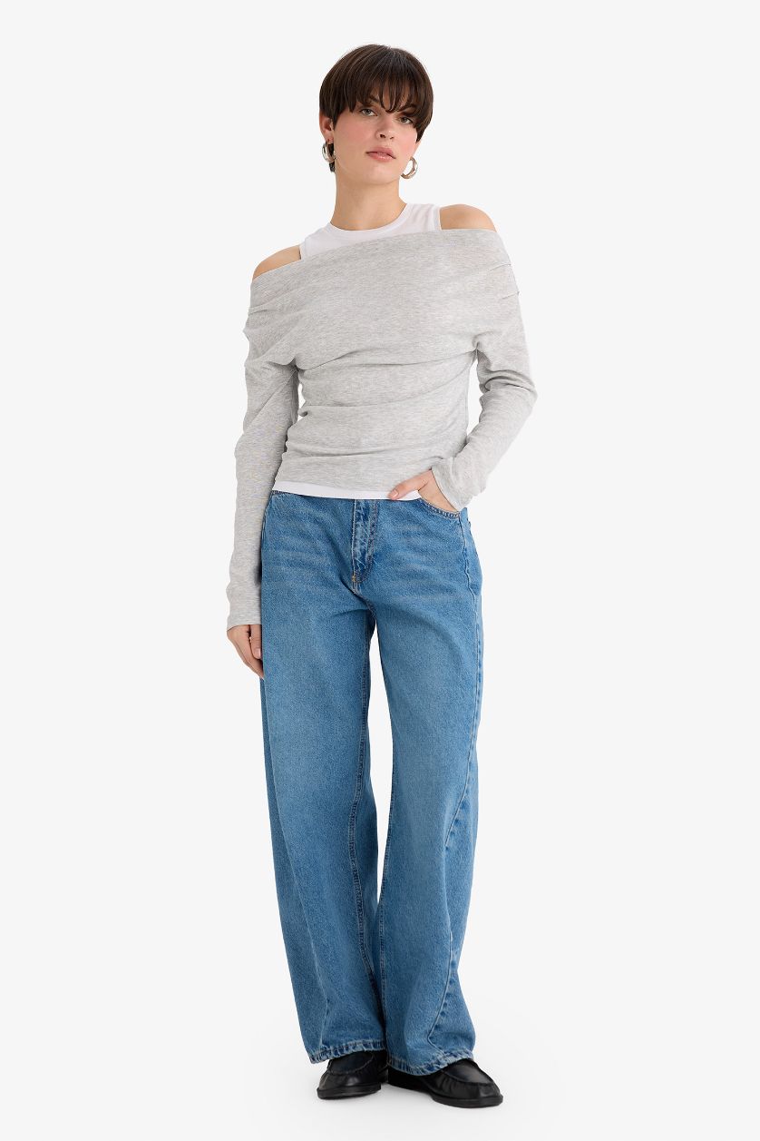 Kadın Gri Melanj Slim Fit Çift Katmanlı Ribana Tişört 