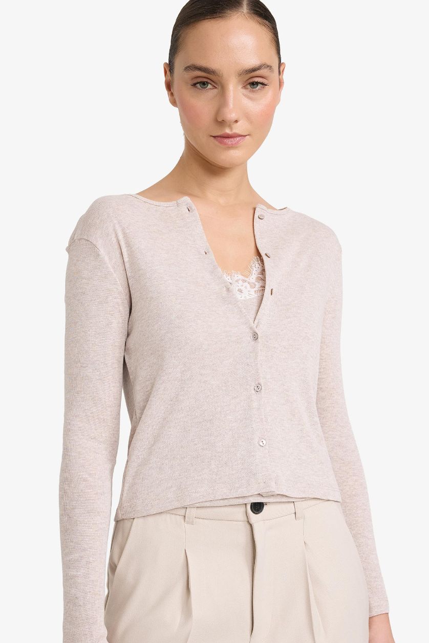 Woman Beige Melange Slim Fit V-Neck Ribana Cardigan