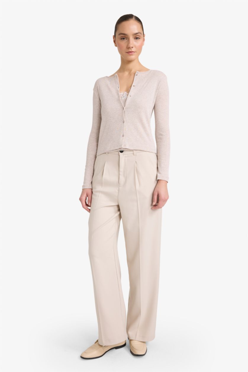 Woman Beige Melange Slim Fit V-Neck Ribana Cardigan