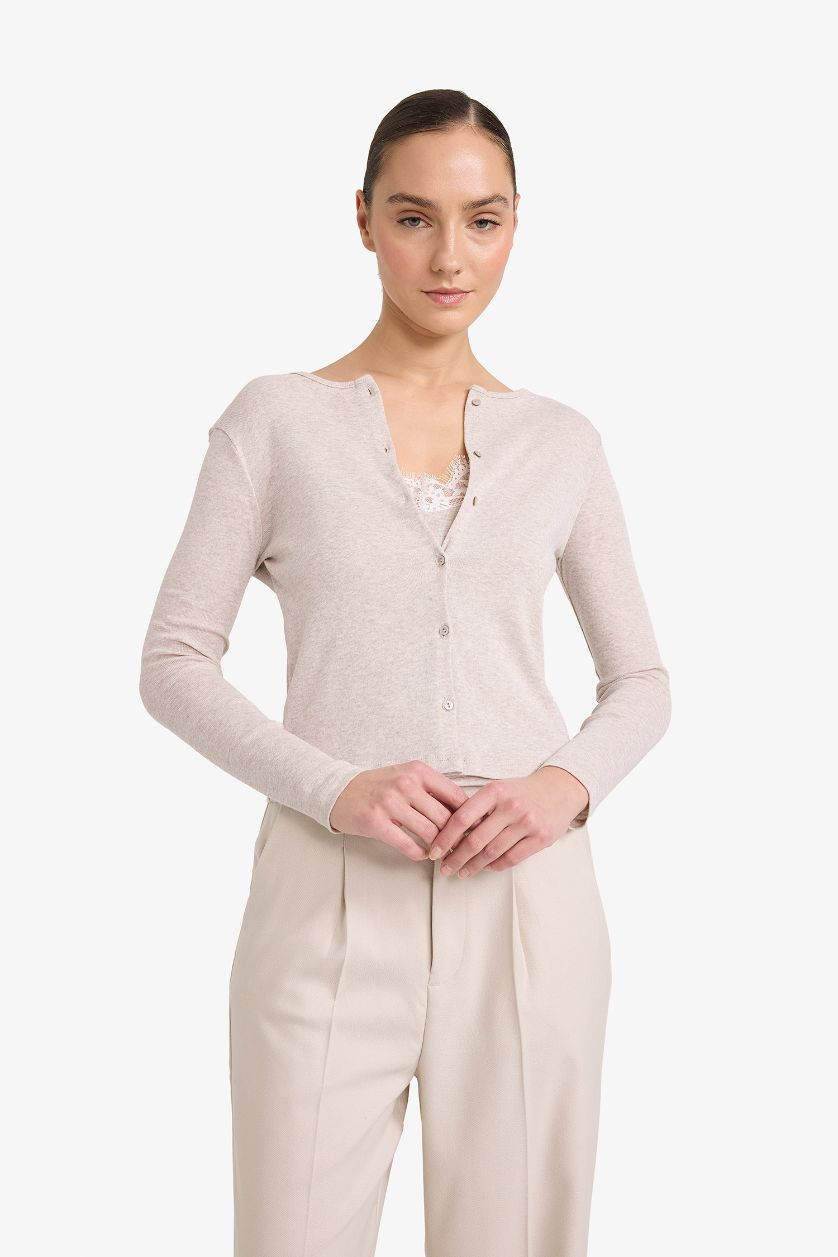 Woman Beige Melange Slim Fit V-Neck Ribana Cardigan