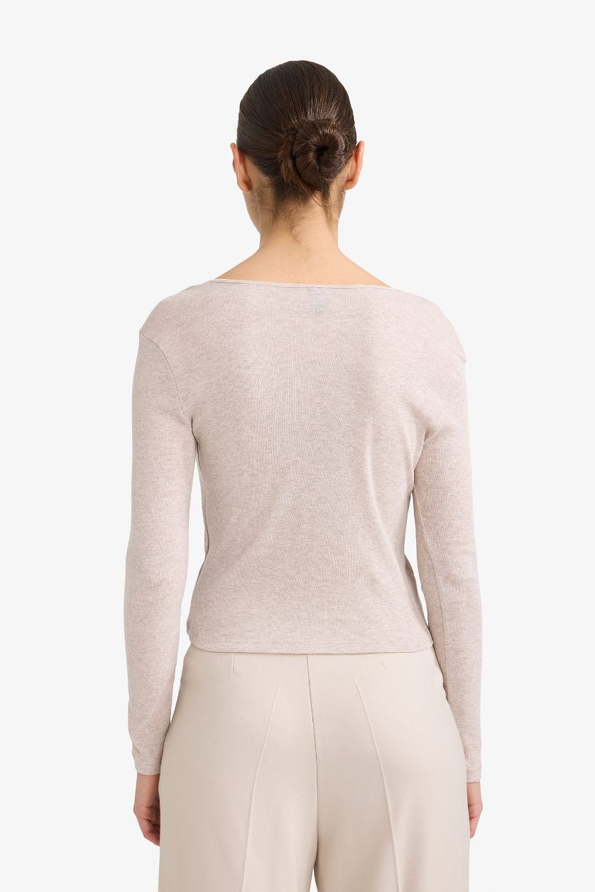 Woman Beige Melange Slim Fit V-Neck Ribana Cardigan