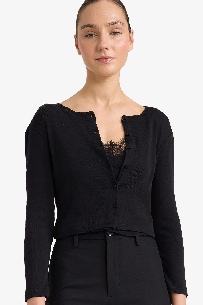 Kadın Siyah Slim Fit Dar Kesim Bisiklet Yaka Ribana Uzun Kollu Tişört