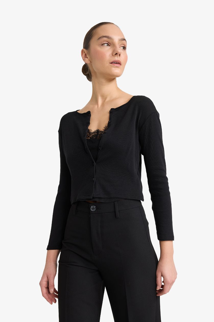 Kadın Siyah Slim Fit Dar Kesim Bisiklet Yaka Ribana Uzun Kollu Tişört