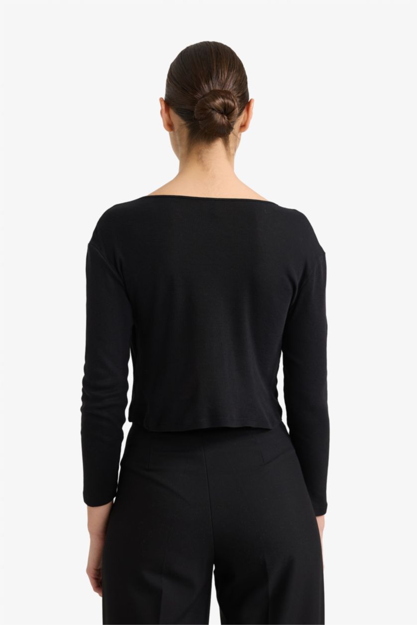 Kadın Siyah Slim Fit Dar Kesim Bisiklet Yaka Ribana Uzun Kollu Tişört