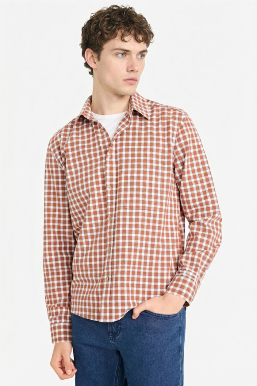 Erkek Koyu Mercan %100 Pamuk Gömlek