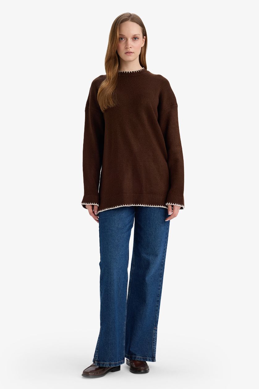 نساء بني بلوفر تونيك تريكو قصة عادية ورقبة مستديرة