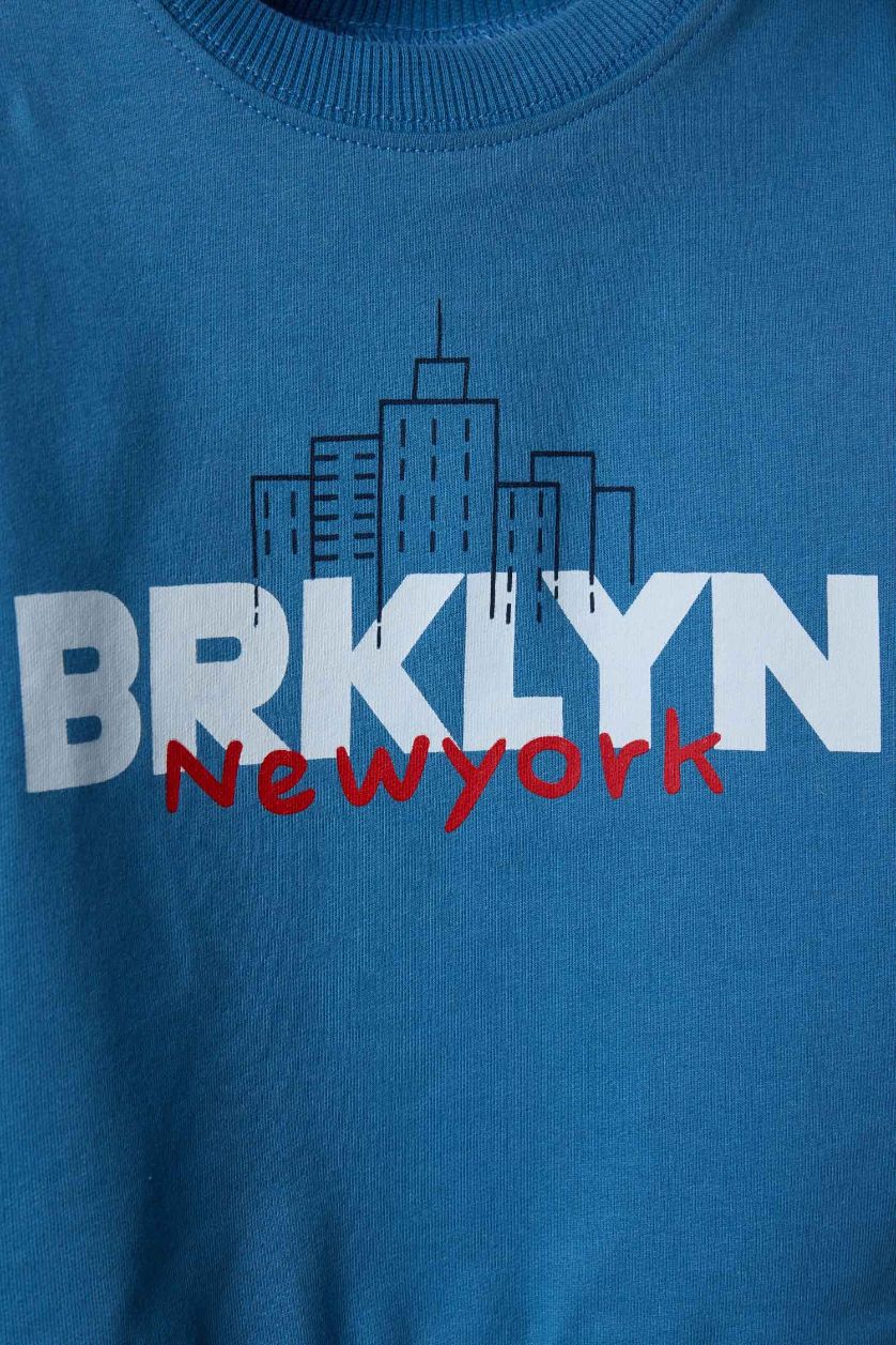 Erkek Bebek Mavi Oversize Geniş Kalıp Bisiklet Yaka Baskılı 2'li Sweatshirt Erkek Bebek