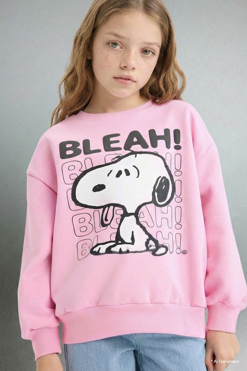 Kız Çocuk - Genç Kız Açık Pembe Snoopy Oversize Geniş Kalıp Bisiklet Yaka İçi Yumuşak Tüylü Sweatshirt Kız Çocuk